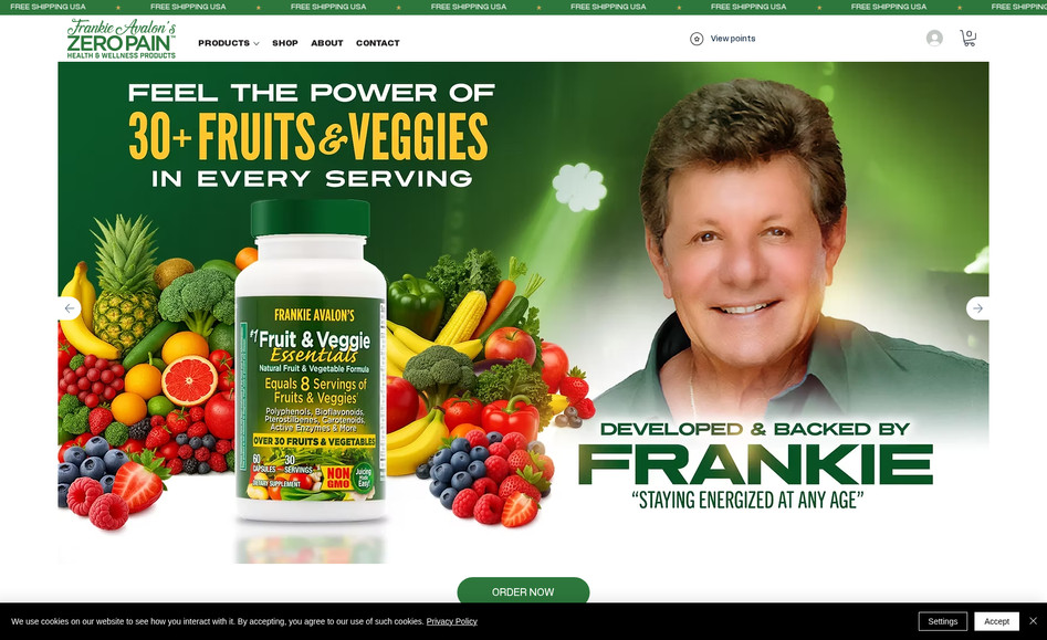 Zero Pain: I designed a clean, modern e-commerce experience for Frankie Avalon’s “Zero Pain” relief products, built on Wix to support both brand credibility and direct response performance. The site combines Frankie’s legacy and trust with a conversion-focused layout featuring clear product storytelling, bold calls-to-action, mobile-friendly design, and simple checkout flow. I handled the overall UX, custom graphics, product sections, trust elements, and content structure to help turn Frankie’s audience into online customers while keeping the look timeless, professional, and easy to scale for future product lines.