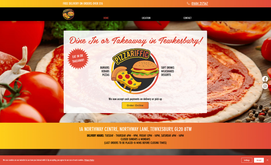 PIZZARIFFIC: A local takeaway site built with Wix Restaurants, featuring clear menus, customisation, and easy online ordering, optimised for mobile and quick checkout.