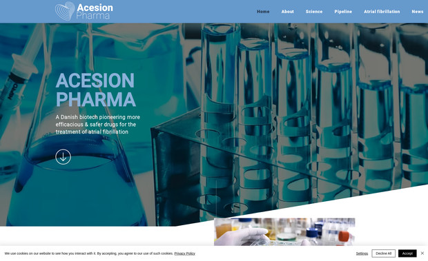 Acesion Pharma: Acesion Pharma ApS is a Danish biotech company founded in 2011 as a spin out from the company Neurosearch and University of Copenhagen. By inhibiting the SK ion channel, we aim to develop first-in-class drugs for the treatment of atrial fibrillation (AF), the most common type of cardiac arrhythmia.