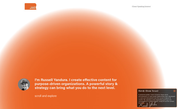Russell Yandura: Okay, this is my personal site... I'm biased. Featuring some custom code and a custom form embed for a better user experience, I enjoy the simplicity and straight-forwardness of this site.