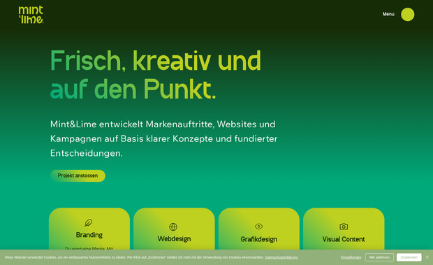 Mint&Lime: Für Mint&Lime wurde eine erfrischende und moderne Website entwickelt, die die Leistungen in den Bereichen Branding, Web- und Grafikdesign ansprechend in Szene setzt. Mit Wix Studio entstand ein klar strukturierter Webauftritt, der sowohl visuell überzeugt als auch funktional auf die Bedürfnisse der Zielgruppe eingeht.

Projektschwerpunkte:
– Entwicklung einer individuellen Website mit Wix Studio
– Präsentation der Leistungen in Branding, Web- und Grafikdesign
– Integration von Fallstudien und Referenzen für mehr Transparenz
– Responsives Design für optimale Darstellung auf allen Geräten
– Suchmaschinenoptimierung (SEO) zur besseren Auffindbarkeit