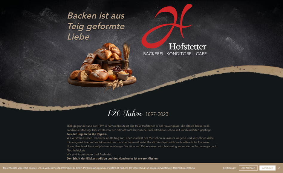 Bäckerei Hofstetter: Die Bäckerei Hofstetter besaß bereits eine Website, allerdings war ein Design-Refresh erwünscht. Bei diesem One-Pager waren KI Tools im Einsatz.