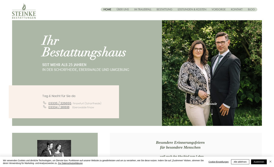 Steinke Bestattungen: Für Steinke Bestattungen haben wir eine einfühlsame und zugleich moderne Website umgesetzt, die den sensiblen Charakter des Themas widerspiegelt. Das Projekt umfasste die Gestaltung eines klaren, beruhigenden Designs mit harmonischen Farben sowie die strukturierte Darstellung von Leistungen und Ansprechpartnern.
Besonderes Augenmerk lag auf einer vertrauensvollen Kommunikation, die Angehörigen in schwierigen Situationen Orientierung und Sicherheit gibt. Durch eine nutzerfreundliche Navigation und eine authentische Bildsprache wurde eine digitale Präsenz geschaffen, die Seriosität und Menschlichkeit verbindet.