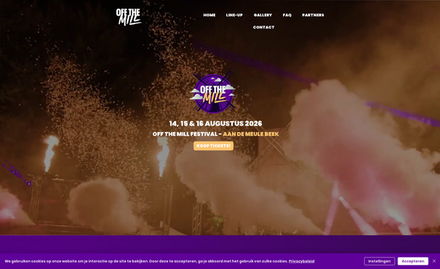 Off The Mill Festival: Voor Off The Mill Festival ontwikkelden we een dynamische website die elk jaar opnieuw tot leven komt. Van het logo en de volledige huisstijl tot de website zelf, alles werd door ons gecreëerd om de festivalsfeer online voelbaar te maken.

De site bevat alles wat een moderne festivalwebsite nodig heeft: line-up per editie, gallerijen met foto’s en aftermovies, een uitgebreide FAQ, contactpagina en directe koppeling met het ticketsysteem. Elk jaar updaten we de site met nieuwe visuals, content en informatie, zodat bezoekers altijd up-to-date zijn en de voorpret online begint.