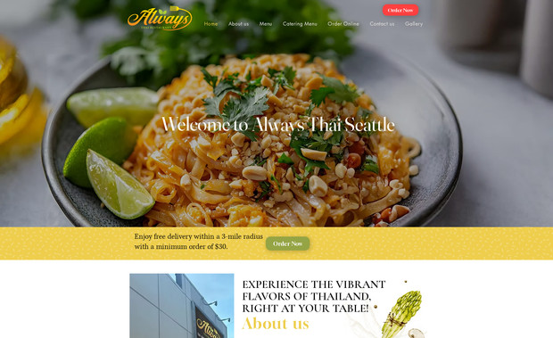 Always Thai: We designed the Always Thai Restaurant website to bring the vibrant flavors and warm spirit of Thailand right to guests’ screens. From the moment a visitor arrives, the site captures attention with rich visuals and a welcoming mood.

The homepage offers clear entry points for navigating the menu, ordering online, viewing the gallery, and learning about the restaurant’s story. Every dish image is carefully selected and color-corrected to match the site’s palette and convey appetizing authenticity. The gallery section showcases interior, dish close-ups, and ambience, reinforcing identity and appetite.