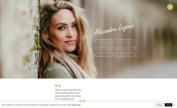 Alexandra Legouix: A custom designed "Bio" site for TV presenter Alex Legouix. Alex is a well established TV and Live Events host, specialising in motorsport and health and fitness. Alex needed to update her professional site to reflect her current career. Professional photography was utilised to highlight Alex's multiple areas of expertise, and the use of bold colour adds to the level of sophistication.