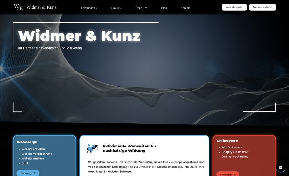 Widmer & Kunz: Unsere eigene Website widmerkunz.com präsentiert die gesamte Bandbreite unserer Dienstleistungen im Bereich Webdesign, E-Commerce und Marketing. Sie dient als digitale Visitenkarte und zeigt unsere Philosophie: moderne Designs, klare Strukturen und messbare Ergebnisse.

Umgesetzte Funktionen und Inhalte:

Startseite mit Überblick über alle Kernleistungen
Detaillierte Angebotsseiten für Webdesign, Online-Shops und Marketing
Blogbereich mit Insights, Trends und Anleitungen
Kontaktseite mit integriertem Formular und Firmeninfos
Responsives Design für eine optimale Darstellung auf allen Geräten
SEO-optimierte Struktur für Sichtbarkeit bei Google
Integration von Zertifizierungen und Referenzen

Mit widmerkunz.com zeigen wir, was wir für Kunden leisten können: eine moderne, informative und nutzerfreundliche Website, die Vertrauen schafft und Professionalität vermittelt.

Our own website widmerkunz.com showcases the full range of our services in web design, e-commerce, and marketing. It acts as our digital business card and reflects our philosophy: modern design, clear structures, and measurable results.

Implemented features and content:

Homepage with an overview of all core services
Detailed service pages for web design, online stores, and marketing
Blog section with insights, trends, and tutorials
Contact page with integrated form and company details
Responsive design for seamless display on all devices
SEO-optimized structure for strong Google visibility
Integration of certifications and references

With widmerkunz.com, we demonstrate what we deliver to our clients: a modern, informative, and user-friendly website that builds trust and conveys professionalism.