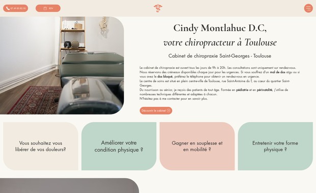 Cabinet Chiropracteur Saint Georges: Conception du site internet "www.chiropracteur-toulouse.com" avec Wix studio
Identité visuelle
Stratégie de Référencement naturel, optimisation on-page.
Site Mobile friendly (responsive)