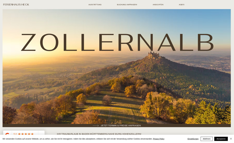 Ferienhaus Heck: Die digitale Transformation des Ferienhaus Heck auf der Zollernalb ist mehr als nur eine Website – sie ist eine Einladung, die Schönheit und Gastfreundschaft der Region schon vor der Anreise zu erleben. Seit nunmehr 15 Monaten entfaltet diese digitale Präsenz ihre volle Wirkung und liefert nachweislich beste Buchungsergebnisse, die das Herz der Gastgeberfamilie Heck höherschlagen lassen.

Das Projekt begann mit einer **individuellen und maßgeschneiderten Positionierung**, die das Ferienhaus Heck als idealen Rückzugsort für Familien und Naturliebhaber hervorhebt. Die Textierung wurde sorgfältig darauf abgestimmt, die Gemütlichkeit des Hauses, die Nähe zur Natur und die zahlreichen Freizeitmöglichkeiten in der Umgebung zu betonen.

Die **Konzeption und Umsetzung erfolgte in WIX Studio**, um eine Website zu schaffen, die nicht nur visuell ansprechend ist, sondern auch technisch überzeugt. Eine intuitive Navigation, hochwertige Bilder und eine klare Struktur laden zum Verweilen ein und erleichtern die Buchung.

Während des gesamten Projekts stand eine **laufende Begleitung und geduldige Betreuung** im Vordergrund. Technische Fragen wurden schnell und kompetent beantwortet, um einen reibungslosen Ablauf zu gewährleisten.

Besonders wichtig war die **Local SEO Optimierung**, die sicherstellt, dass das Ferienhaus Heck in den Suchergebnissen für relevante Suchbegriffe wie "Ferienhaus Zollernalb", "Ferienwohnung Burg Hohenzollern" oder "Wandern Schwäbische Alb" optimal platziert ist.

Das Ergebnis ist eine Website, die nicht nur informiert, sondern inspiriert und Emotionen weckt. Sie vermittelt das Gefühl von Zuhause, von Wärme und von unvergesslichen Urlaubserlebnissen. Die gesteigerten Buchungszahlen sind der beste Beweis dafür, dass diese digitale Strategie voll aufgegangen ist und das Ferienhaus Heck auf der Zollernalb in neuem Glanz erstrahlen lässt. Es ist ein gelungenes Beispiel dafür, wie eine durchdachte Online-Präsenz den Erfolg eines Ferienhauses nachhaltig steigern kann.