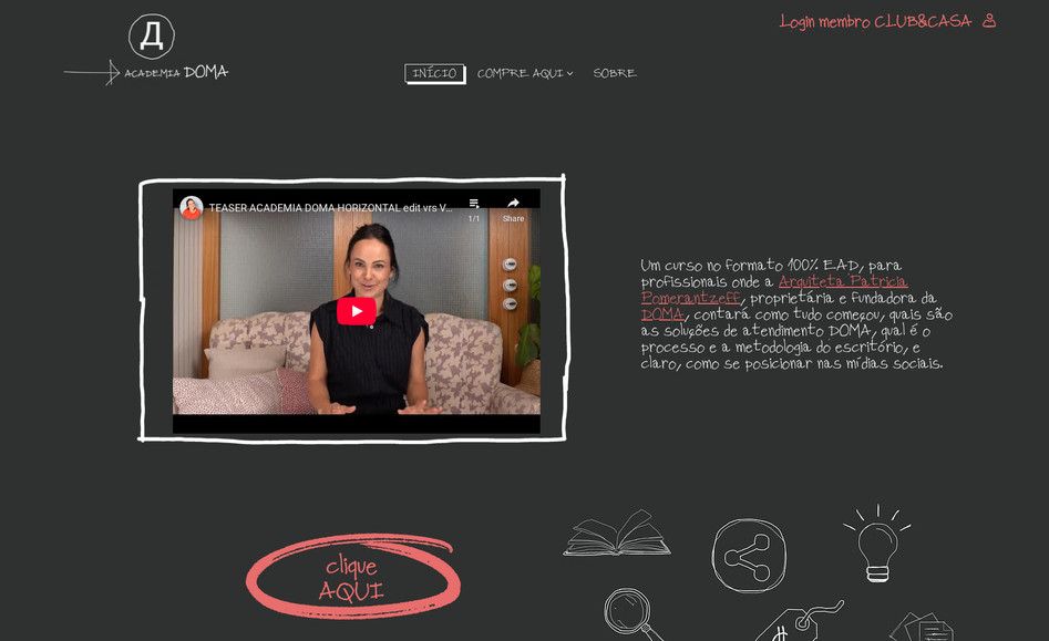 Academia Doma: Site de venda de curso online com aulas gravadas para os alunos assistirem no seu tempo, para empresa Doma Arquitetura.
