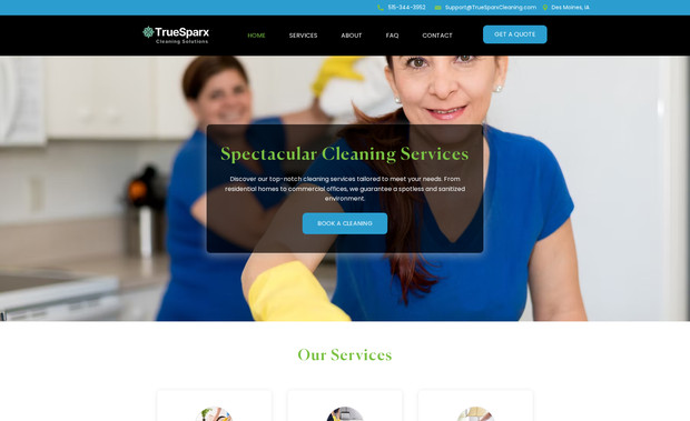 TrueSparx Cleaning Solutions: This site is created in wix standard editor.

TrueSparx Cleaning Solutions is a professional cleaning company based in Des Moines, Iowa. 
TrueSparx Cleaning Solutions

What they do / Services offered:

Residential Cleaning — Regular home cleaning, deep cleaning, sanitization. 
TrueSparx Cleaning Solutions

Commercial Cleaning — Offices, retail or business premises, with flexible schedule. 
TrueSparx Cleaning Solutions

Airbnb / Vacation-Rental Cleaning — Turnover cleanings between guests to keep properties guest-ready. 

TrueSparx Cleaning Solutions