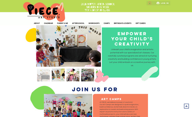 Piece Art Studio: Piece Art Studio is an art studio offering classes and camps for kids looking to explore their inner artists. For this website, I optimized it for SEO and integrated the Wix Bookings app and the Wix Pricing Plans app to allow for online sign-ups and payment for classes, camps, and birthday parties.