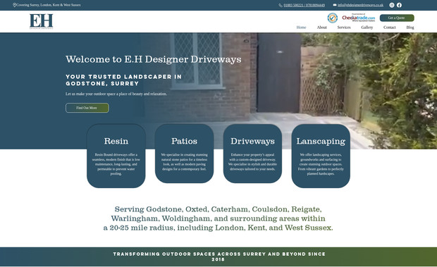 Eh Designer Driveways: Groundworks specialist based in Surrey, UK. We built a mulitpage Wix Editor website that included CMS for the structure of the service pages. 
