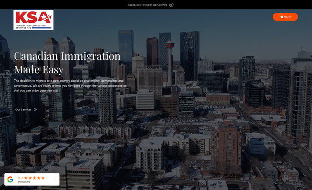 Immigration Consultant: KSA is an Alberta based immigration consultant that required complete redesign of the website to reflect a modern and trustworthy brand. Our mandate was to create a user friendly site that was easy to navigate, find information quickly and streamline booking for a number of services. 

The backend challenge was to maintain the site's privileged SEO ranking. The old site contained dozens of pages that had no visitors in several years making bogging down the site and unnecessarily large and difficult to manage. We outlined a complex site map where dozens of deleted pages were forwarded to consolidated pages.