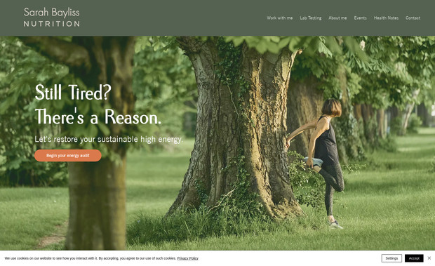 Sarah Bayliss Nutrition: Migration of website with re-design of branding and UX to Wix Studio. 
Blog migration
Events Management System addition