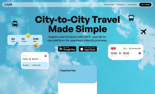 Sait: Sait.app is a travel application designed to streamline intercity travel bookings within Georgia. It enables users to search, compare, and purchase tickets for various transportation modes, including minibuses, buses, trains, planes, and private transfers, all in one platform. The app offers features such as digital ticket storage, secure payment options, live trip updates, and 24/7 customer support. Sait.app collaborates with trusted transportation providers to ensure users receive the best deals available.