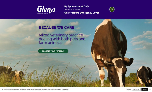 Gleno Veterinary Practice: This website was designed and develop for a rural veterinary practice to promote their services, demonstrate their experience as well as allow clients to reorder medical prescriptions and register their pets.