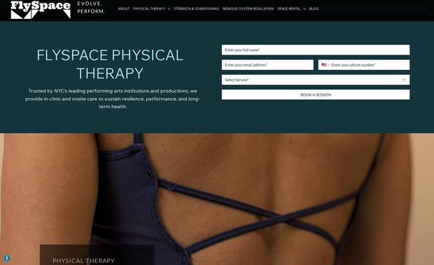 Flyspace NYC: A Physical Therapy and Strength & Conditioning studio focusing on performing artists needed a new website to reflect the growing team, new space and range of services being offered in NYC. We focused on messaging, new photography, and a clean, modern design. Built on Wix Studio.