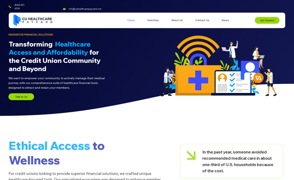 CU Healthcare PayCard: Custom Wix Studio design, full branding design, credit card graphics, and phone graphics.