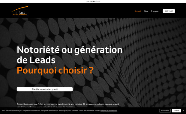 im'act: Création et optimisation du site Wix d'im'act Digital Marketing pour offrir une navigation fluide et une présentation claire des nouveaux services. Travail sur l'ergonomie, la structure des pages et intégration d'un design moderne adapté aux besoins des PME à partir de Wix Studio. Mise en place d'une stratégie SEO de base pour améliorer la visibilité en ligne et faciliter l'acquisition de nouveaux clients. Envoi d'e-mailings et camapgen Google Ads à partir de la plateforme Wix.