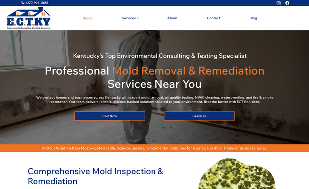 ECTKY: ECTKY is an environmental consulting and testing company based in Kentucky that needed a complete digital overhaul. We fully rebranded the company—developing a new logo, establishing fresh color schemes, and designing a modern website showcasing all their services. The site features custom contact forms, detailed blog posts explaining each service and its importance, and clear calls to action. ECTKY specializes in mold testing and remediation, HVAC cleaning, and crawl space encapsulation. The new website is fully search engine optimized and built to convert visitors into customers.