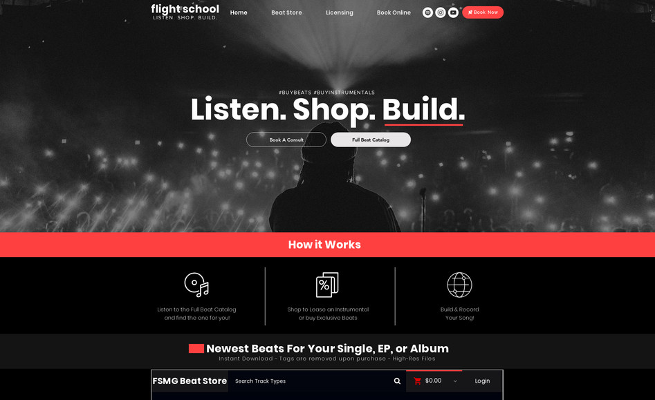Flight School Beat Store: Website was created with the goal of creating a branded shopping experience for artists looking to collaborate with producer levels. The website allows potential collaborators to book a discovery session or shop beats and purchase track-outs.