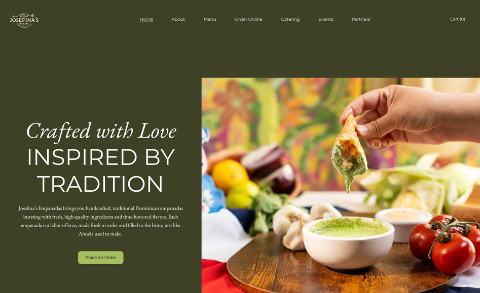 Josefina's Empanadas: Entire site build + complex restaurant integration & menu, including delivery area radius.