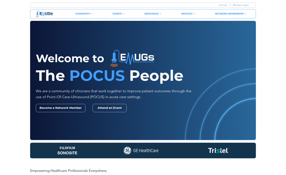 EMUGs: EMUGs is a not for profit medical training and education group focusing in the area of Point of Care Ultrasound (POCUS).
EMUGs website features event bookings, as well as subscription services for users to access on demand videos and educational content.