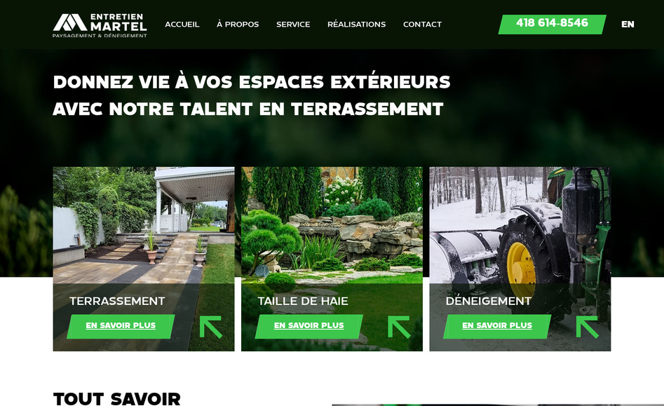 Entretien Martel: Designed and developed Entretien Martel’s website to elegantly showcase their brand's exceptional craftsmanship. The site seamlessly blends visual aesthetics with functionality, providing a polished digital stage for their services.