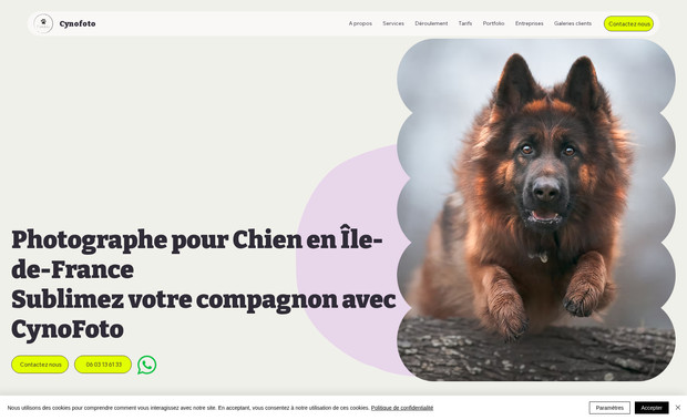 Cynofoto: CynoFoto – Site de photographe canin (SEO) | 1800€
Création d’un site internet sur Wix Studio avec un design responsive et optimisé SEO.
Le travail a porté principalement sur le référencement naturel, avec la rédaction de contenus ciblés et structurés autour des requêtes clés telles que photographe chien Île-de-France, séance photo chien ou shooting photo canin.

Le site est pensé pour mettre en avant le style unique du photographe tout en lui garantissant une visibilité accrue sur Google grâce à une stratégie SEO solide et des pages optimisées.
