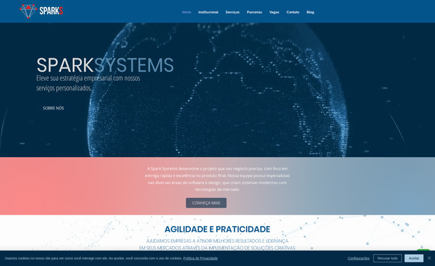 Spark Systems: Desenvolvemos esse site completo. Realizamos o design do layout, alinhado à identidade visual da marca, criamos os textos (copywriting) de forma estratégica e implementamos técnicas de SEO para melhorar o desempenho nos motores de busca. Além disso, asseguramos a responsividade e uma navegação intuitiva. Fizemos também a conexão e compra do domínio bem como a escolha do melhor plano WIX.