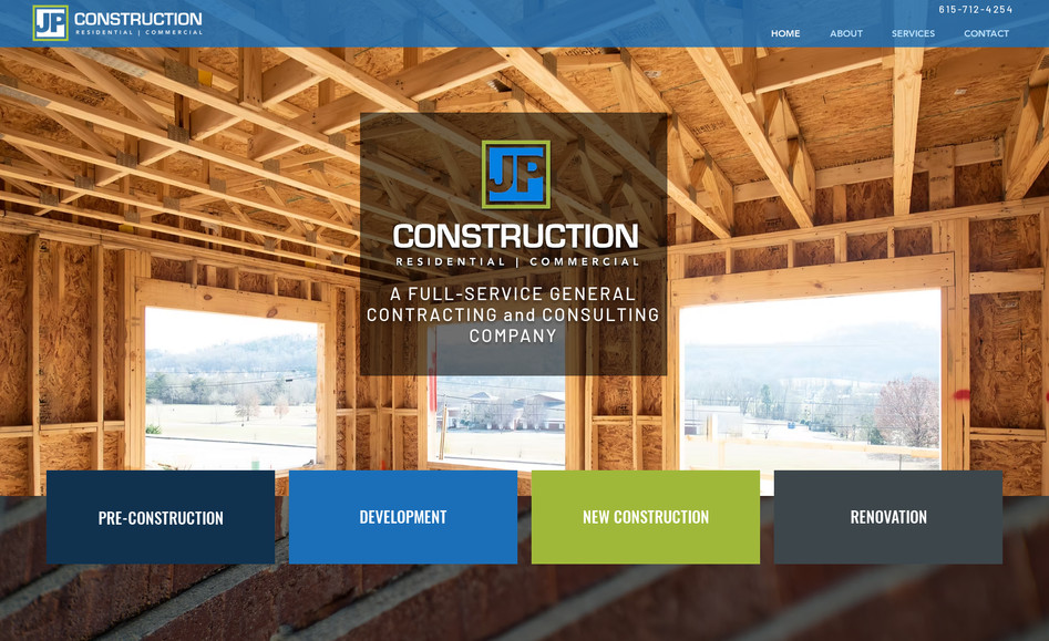JP Construction: JP Construction is a full service builder of residential and commercial projects in Mt. Juliet, TN. We created this beautiful website for their business that features custom graphics, advanced SEO, a photo gallery, and a custom contact form that helps the owner collect sales leads. 
