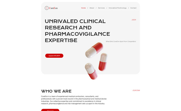 CureEon: Full design and build for desktop and mobile. Logo adaptation and brand guide.