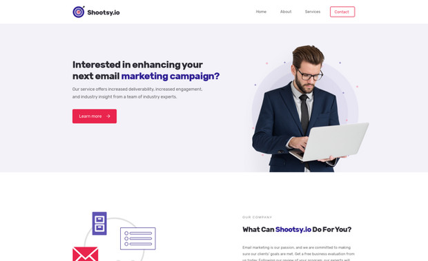 Shootsy.io: Shootsy.io is a SaaS startup offering email marketing campaigns as a service. When they approached me, they had no logo, no website, and no written content — a completely blank slate.

I created a simple brand identity, including a logo, colour palette, and typography, wrote the website content, and designed a high-fidelity, visually striking website. The site features custom illustrations, icons, and artwork that enhance the SaaS branding and create a cohesive, professional presence.

Built in the Classic Wix editor nearly four years ago, the website has stood the test of time, combining clean layouts, effective typography, and vibrant colours. It serves as a polished MVP, giving Shootsy.io a professional, fully realised platform to showcase their services and attract clients.