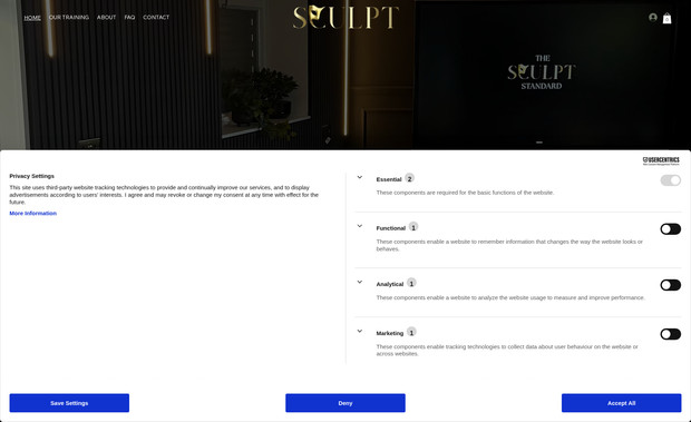 SCULPT Academy: A SPMU Training academy e-commerce website. Featuring a luxury black and gold design.