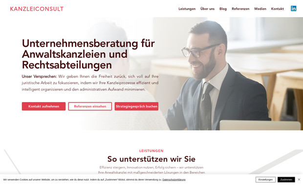 Kanzleiconsult: Neugestaltung für Kanzleiberater mit seriösem Erscheinungsbild, kompakter Struktur und OnPage-Optimierung.