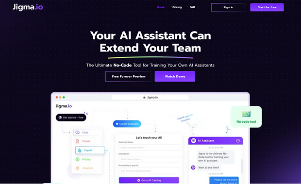 Jigma: Jigma.io: Revolutionizing Customer Engagement with AI
Project Spotlight:
Jigma.io stands at the forefront of digital innovation, offering small to medium-sized businesses the transformative power of AI chatbots. Our state-of-the-art SaaS platform is a beacon for companies looking to enhance their customer service experience and streamline their operations with smart automation.

The Challenge:
In a digital landscape where customer engagement is key, businesses seek solutions to remain accessible around the clock without inflating their operational costs. Jigma.io answers this call by enabling the effortless creation and implementation of AI-driven digital assistants, tailored to the unique demands of each business.

Our Solution:
With an intuitive drag-and-drop interface, Jigma.io empowers users to construct their AI workforce without a single line of code. From fielding common customer inquiries to handling complex data analysis, our AI assistants are as versatile as they are efficient. The platform's flexibility allows for seamless integration with websites, intranets, and other digital platforms, ensuring businesses stay one step ahead in the ever-evolving world of e-commerce.

Key Features:

User-Centric Design: Easy-to-use interface for crafting AI assistants with no technical background required.
Customizable AI Personalities: Tailor your AI's persona to match your brand’s voice and customer service ethos.
Robust Integration Capabilities: A versatile platform that supports Wix and other website builders for full-scale deployment.
Real-Time Analytics Dashboard: Gain actionable insights into customer interactions and chatbot performance to continually refine your AI's capabilities.
