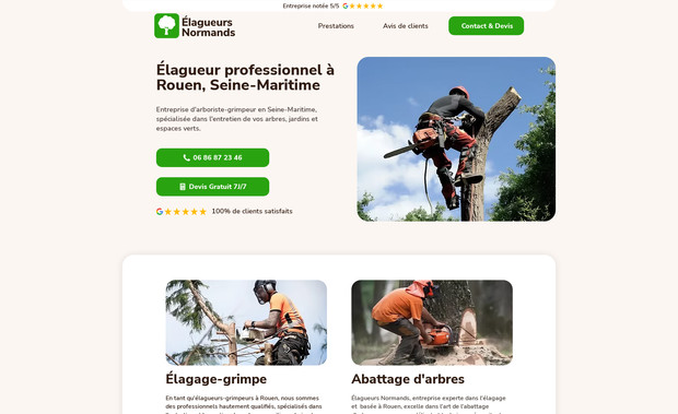 Élagueurs Normands: Site we d'artisan élagueur. 
J'ai travaillé sur son référencement afin qu'il soit premier sur le mot clé principal dans sa commune "Élagueur Rouen"