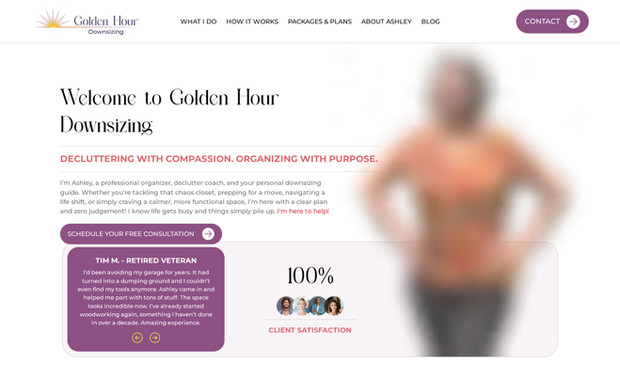 Golden Hour Downsizing: We handled everything from start to finish: full website design in WIX Studio, copywriting, branding, logo design, privacy compliance, accessibility compliance, SEO, launch, setting up forms, connecting social media profiles, as well as setting up her Google my business profile, linked in profile, Facebook and Instagram profiles, and designing her email campaign template for use in future email newsletters. We also helped train her on how to make her own website edits in the future.
