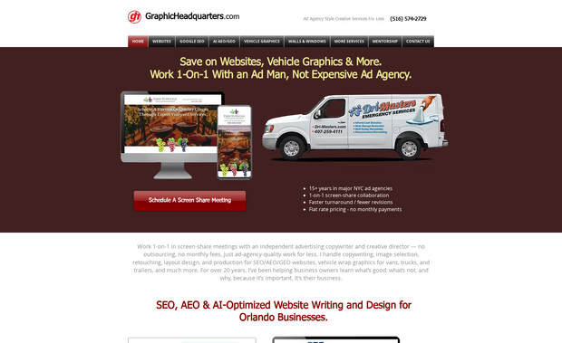 Graphic Headquarters – Advertising & Design Studio: **Industry:**
Advertising, branding, and marketing services

**What I did:**
Wrote and designed my own agency website to demonstrate professional advertising standards, SEO-first structure, and conversion-focused messaging on the Wix platform.

**Strategy:**
Built to clearly define services, creative positioning, and authority signals while supporting SEO, AEO, and GEO search intent for competitive marketing-related searches.

**Why this matters:**
This site represents my approach to building professional, ad-agency-quality Wix websites that balance strong creative direction with search visibility.
