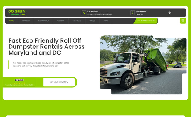 Go Green Dumpsters: We built Go Green Dumpsters a modern, responsive website featuring a clear, conversion‑focused homepage, dedicated service and location pages, and a dynamic gallery. We crafted SEO‑optimized copy, meta descriptions, and schema markup for each Maryland and DC market, developed hyper‑local landing pages, and integrated a blog to drive ongoing traffic. The result: faster load times, improved search rankings, and a streamlined user experience that drives more leads.
