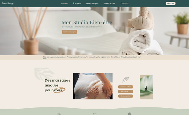 Amma therapy: Création d’un site apaisant et harmonieux pour un salon de massage axé sur le bien-être global. Le design, aux tons verts et naturels, invite à la détente dès l’arrivée sur le site. Présentation des soins, valeurs du salon, tarifs et prise de rendez-vous simplifiée. Un site clair et chaleureux, pensé pour transmettre une sensation de sérénité et attirer une clientèle en quête de relaxation profonde.